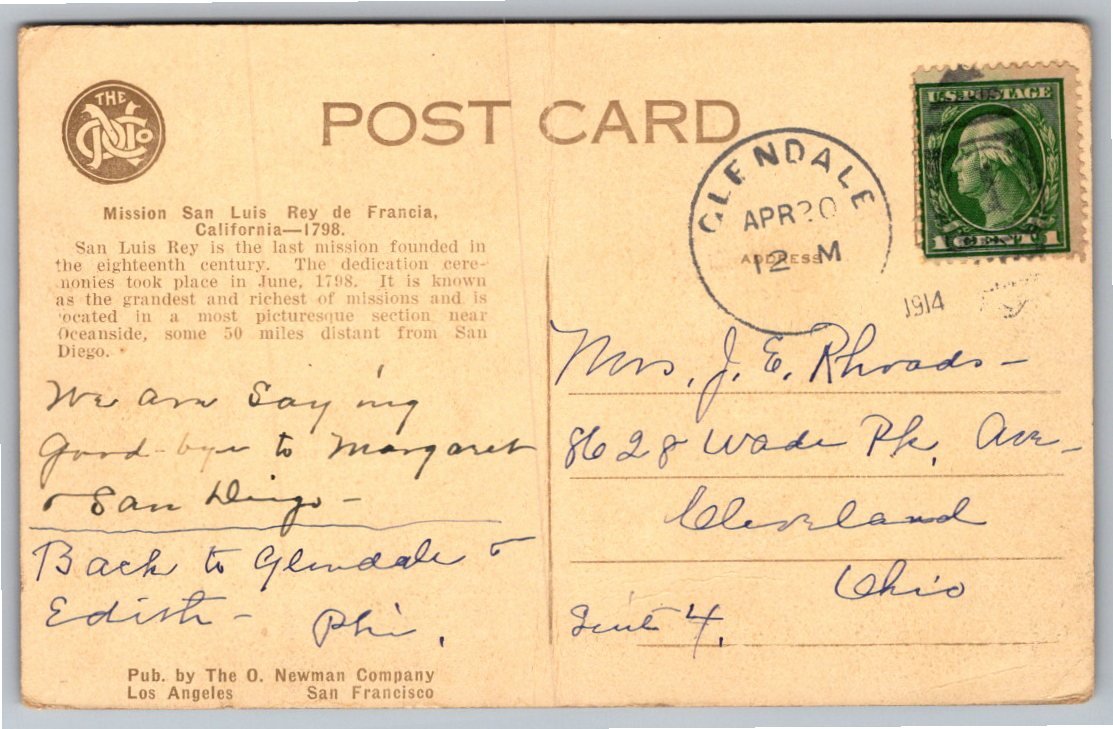 Antique 1914 Postcard: Mission San Luis Rey de Francia - Back / Reverse View