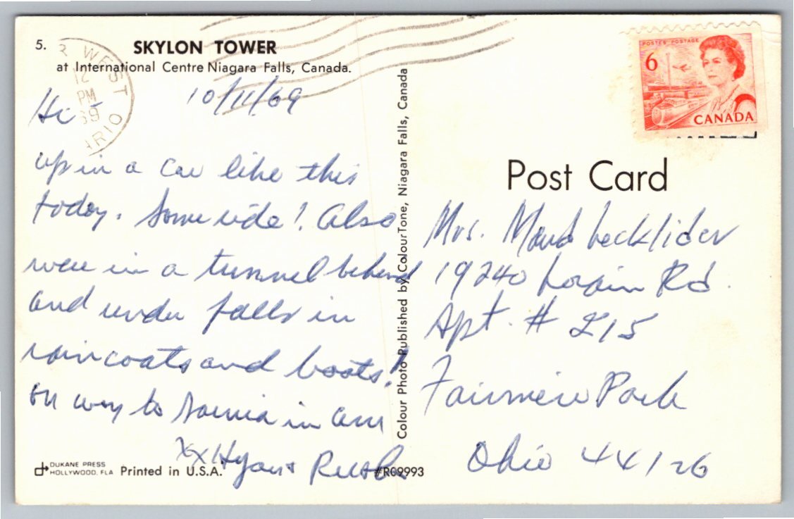 1969 Skylon Tower Niagara Falls Canada Vintage Chrome Postcard - Back / Reverse View