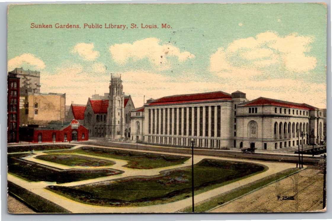 1910s St. Louis Public Library & Sunken Gardens Vintage Postcard
