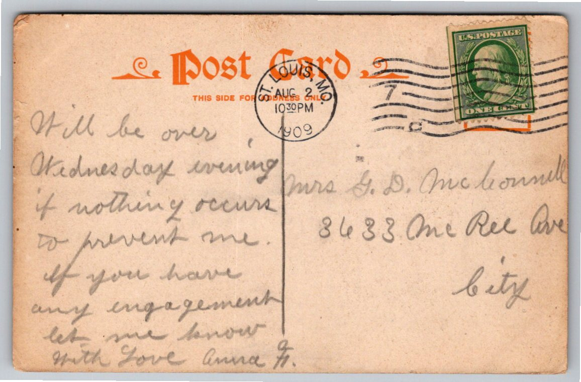 1909 St. Louis Portland Place West Entrance Gatehouse Postcard - Back / Reverse View