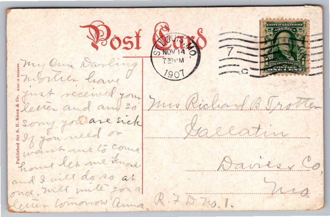 1907 Vandeventer Place Fountain St. Louis Missouri Color Postcard - Back / Reverse View