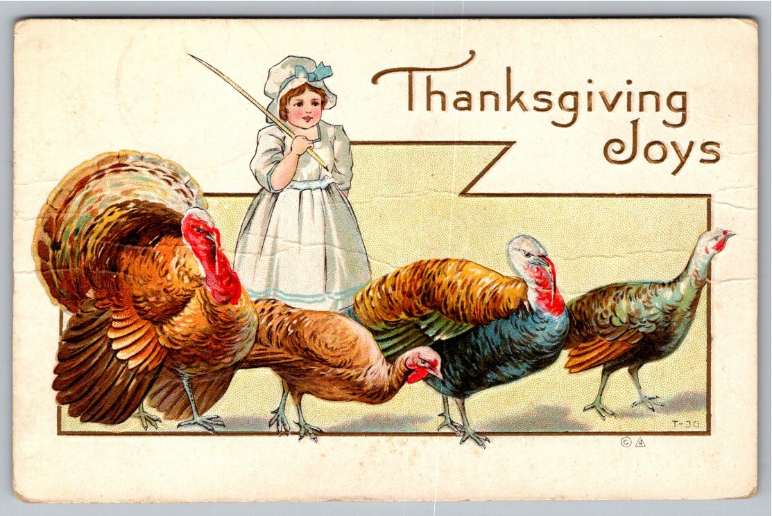 Antique 1915 Embossed Thanksgiving Postcard: Girl with Turkeys
