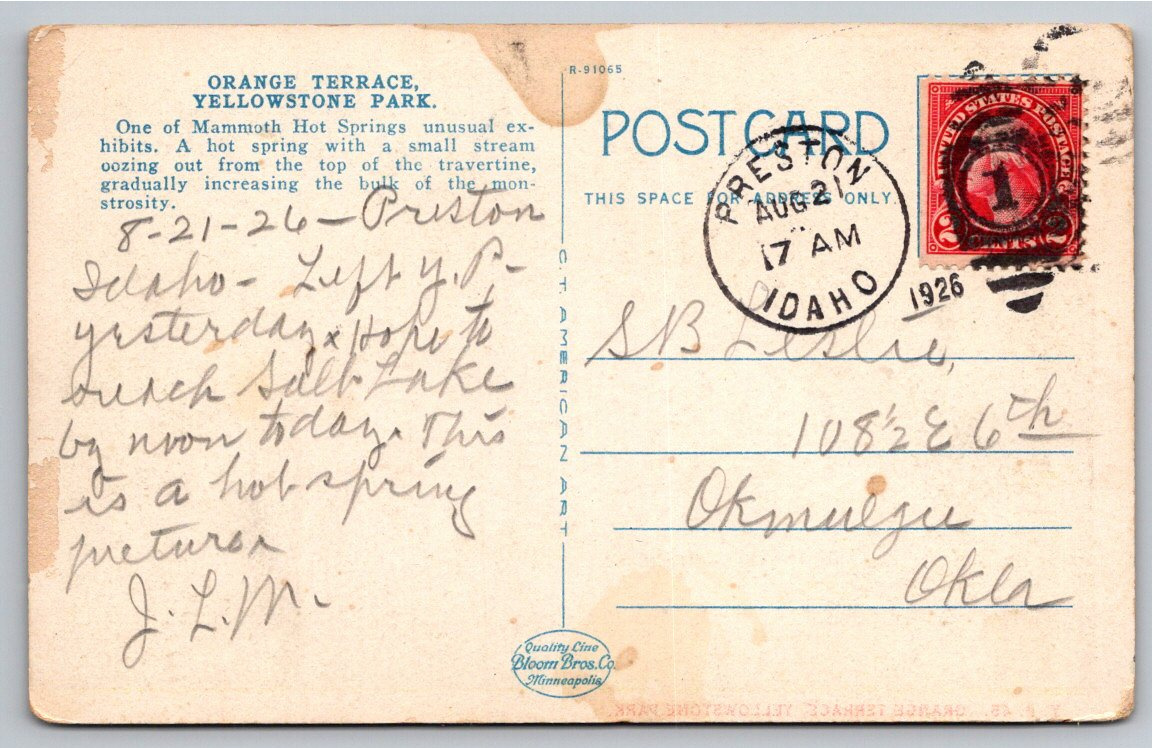 1926 Yellowstone Postcard: Asahel Curtis Northern Pacific - Back / Reverse View