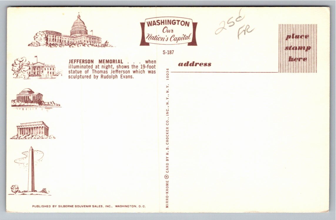 Vintage Jefferson Memorial Night View Postcard | Washington D.C. - Back / Reverse View