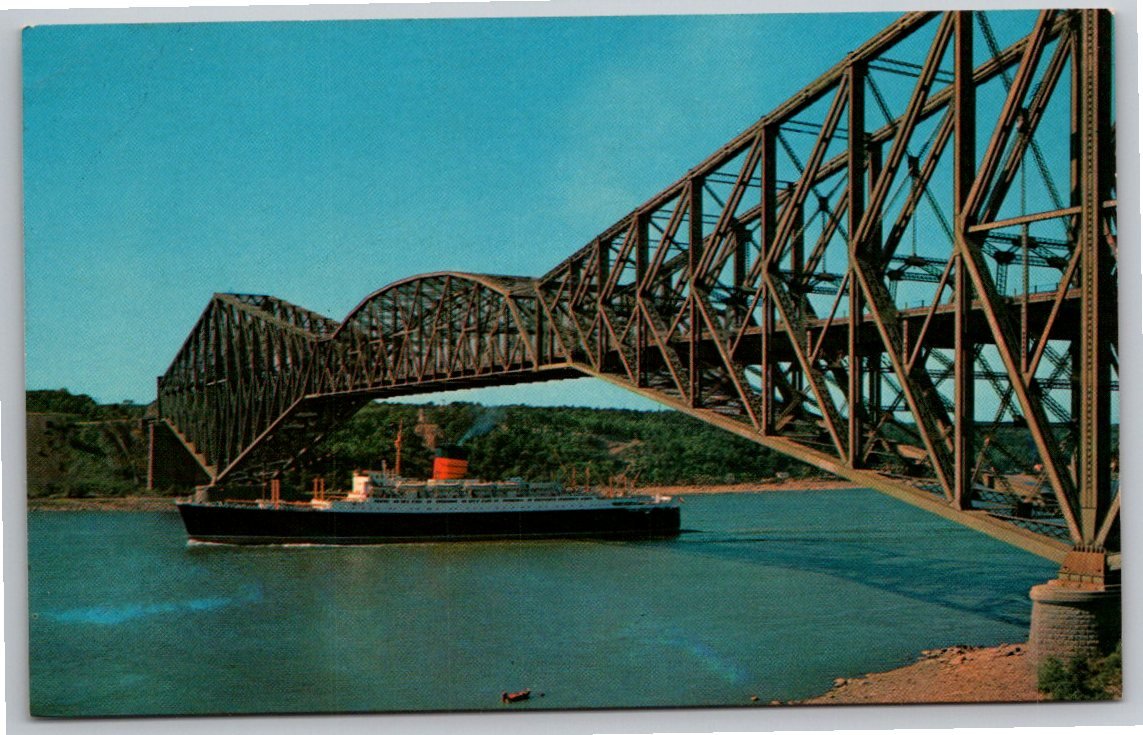 Vintage Quebec Bridge Postcard: Ocean Liner on St. Lawrence River