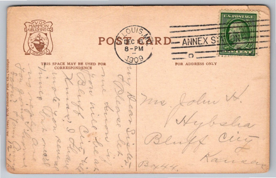 1909 St. Louis Union Station & Streetcar Antique Color Postcard - Back / Reverse View