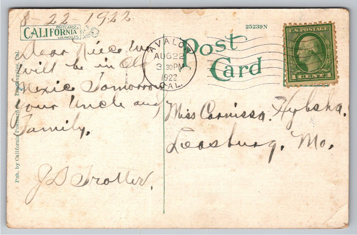 1922 Hotel St. Catherine Postcard Catalina Island California - Back / Reverse View