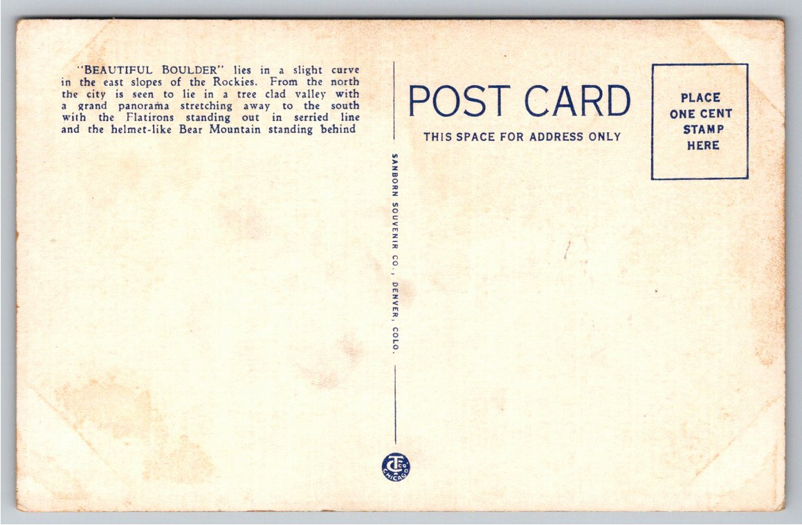 Vintage 1930s Boulder Colorado Flatirons Postcard | Sanborn - Back / Reverse View