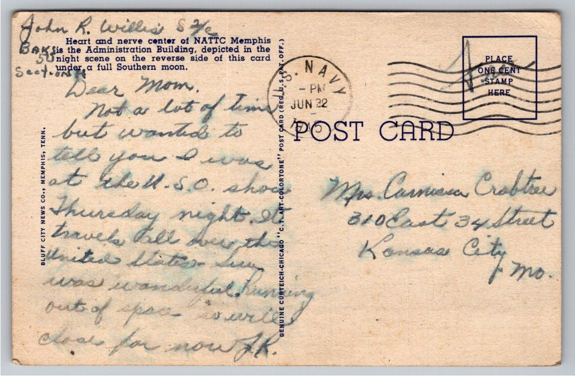 Vintage 1940s NATTC Memphis TN Night Moonlight Postcard WWII Navy - Back / Reverse View