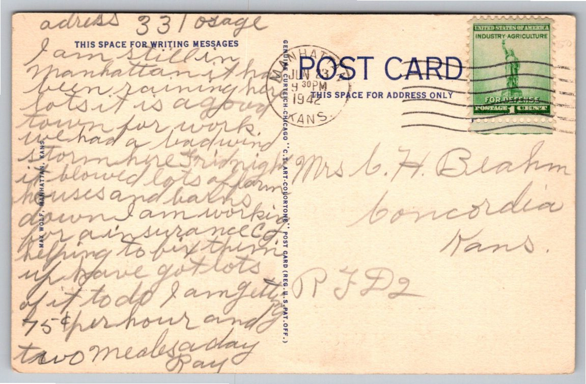 1941 Hotel Wareham Manhattan, Kansas Vintage Linen Postcard - Back / Reverse View