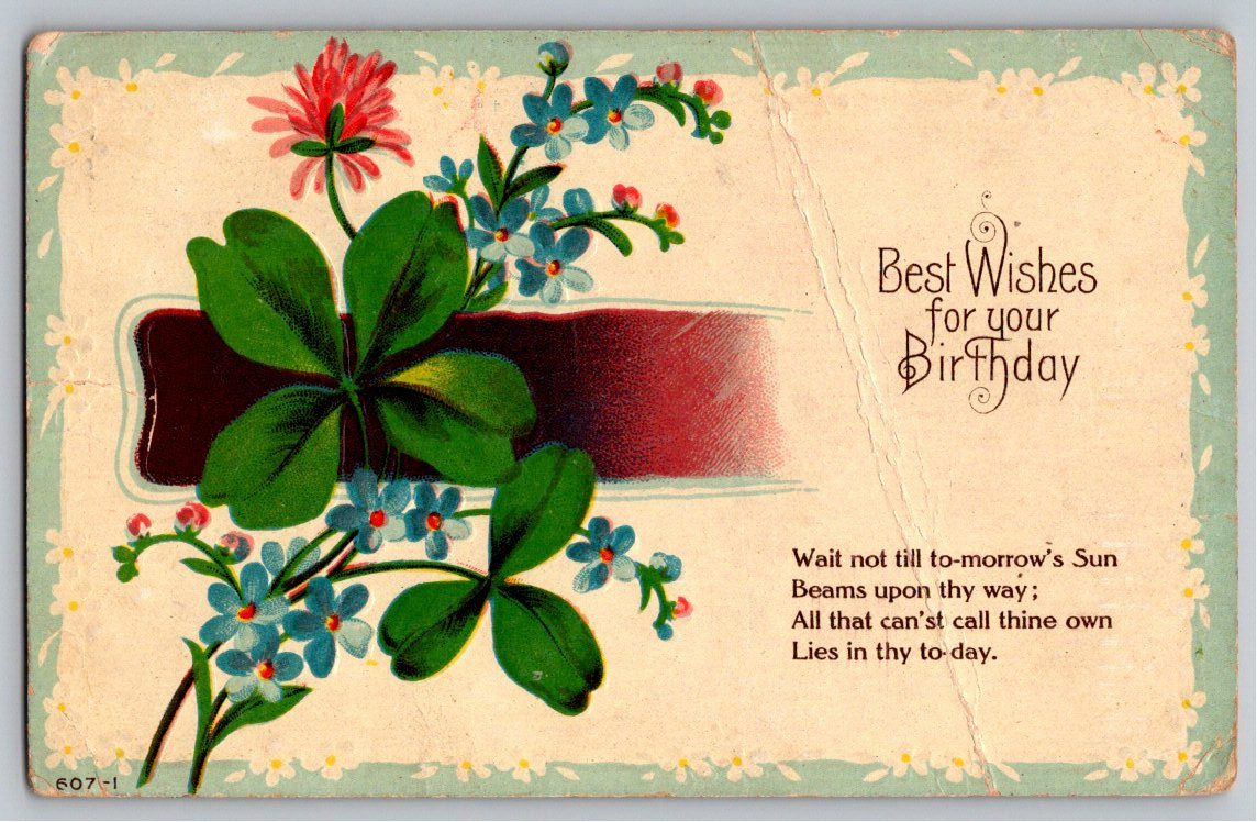 Vintage 1900s Four-Leaf Clover & Floral Birthday Postcard