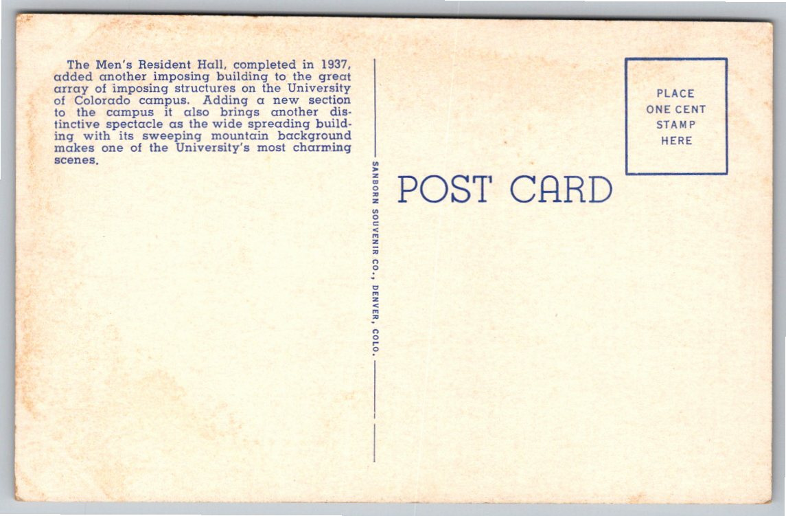 1937 CU Boulder Mens Residence Hall & Flatirons Vintage Postcard - Back / Reverse View