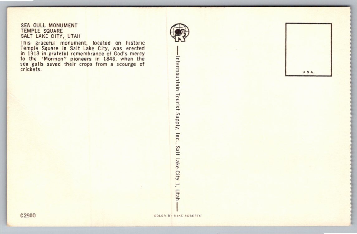 Vintage Sea Gull Monument Postcard, Temple Square Salt Lake City - Back / Reverse View