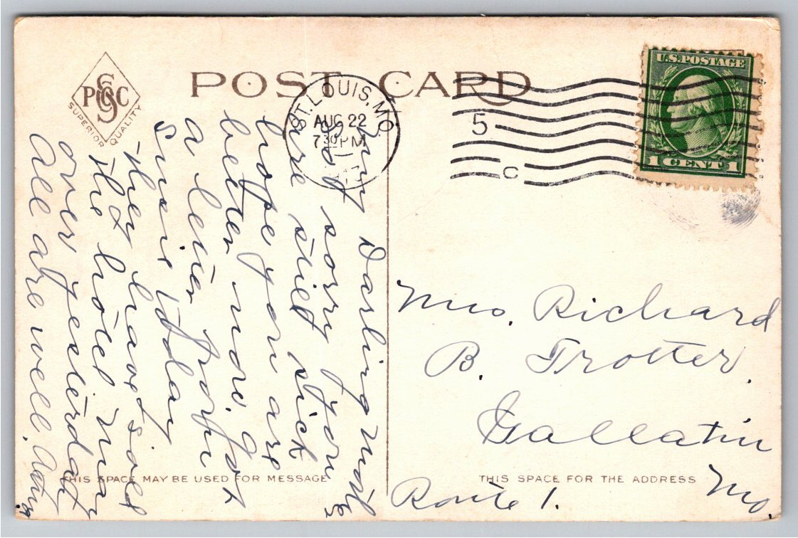 1910s St. Louis Public Library & Sunken Gardens Vintage Postcard - Back / Reverse View