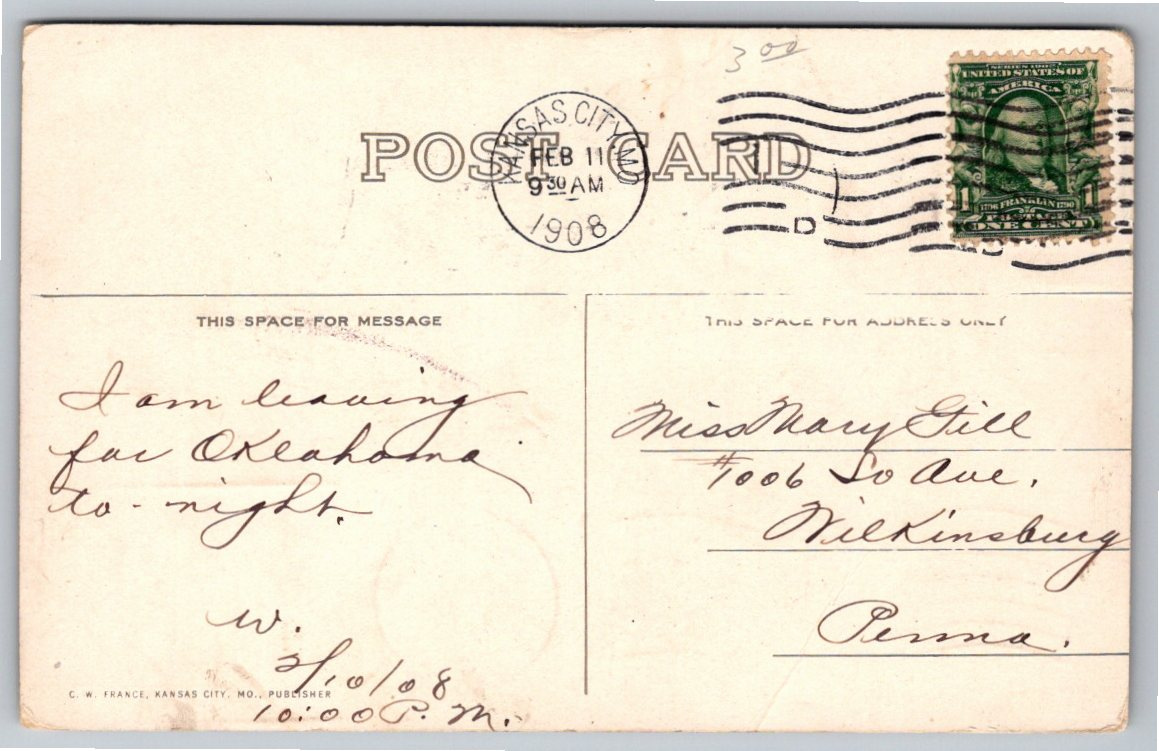 Vintage 1908 Gladstone Blvd & Cliff Drive Postcard, Kansas City - Back / Reverse View