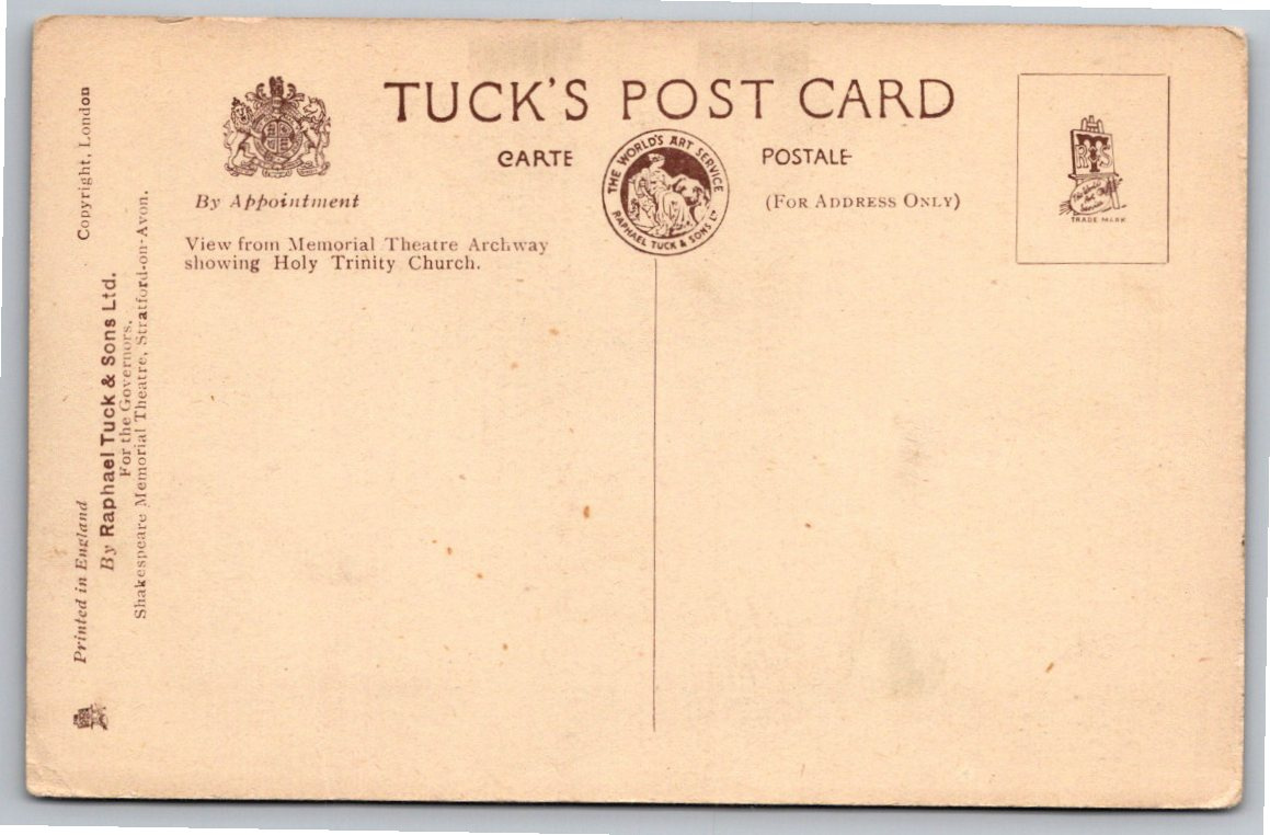 Vintage 1910s Tuck Postcard: Stratford Memorial Theatre Archway - Back / Reverse View