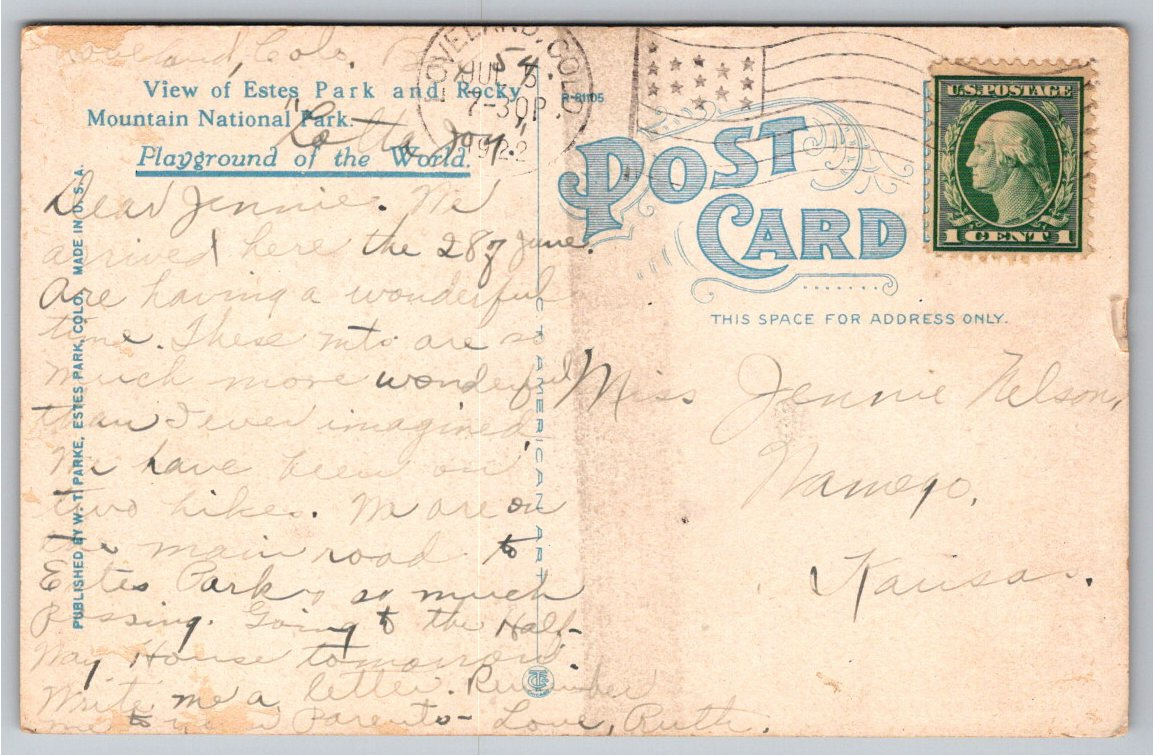 1922 Antique Postcard: Junction of Loveland & Fort Collins Road - Back / Reverse View