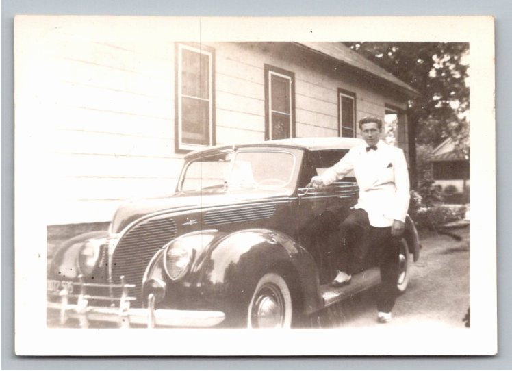 1938 Ford Deluxe & White Tuxedo Man Vintage Black & White Photo
