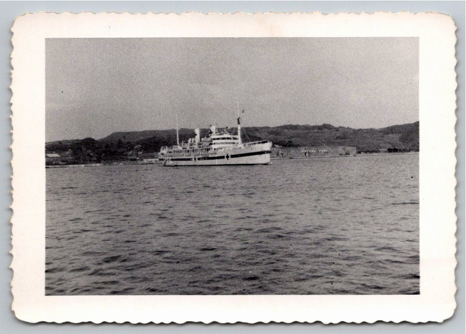 Vintage 1940s WWII Red Cross Hospital Ship At Sea B&W Snapshot