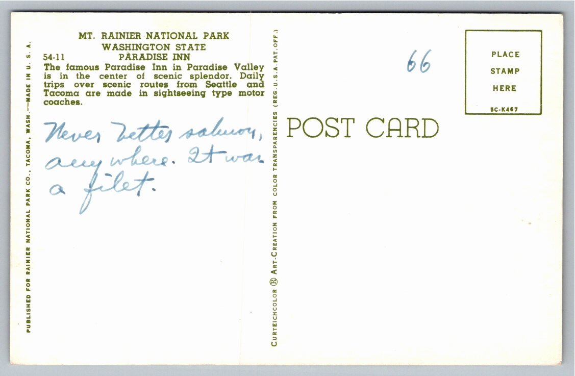 Vintage Mt. Rainier Paradise Inn Postcard - Washington State - Back / Reverse View