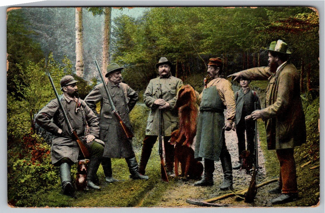 1910 German Hunters Postcard: Hunting Party in the Forest Trail