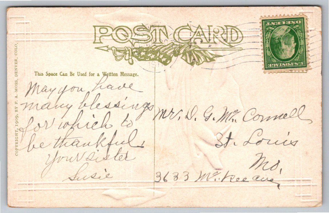 Antique 1909 Thanksgiving Turkey Postcard: A Bird on the Table - Back / Reverse View