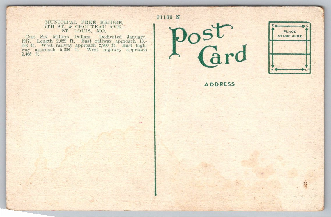 Vintage 1917 St. Louis Municipal Free Bridge Moonlight Postcard - Back / Reverse View