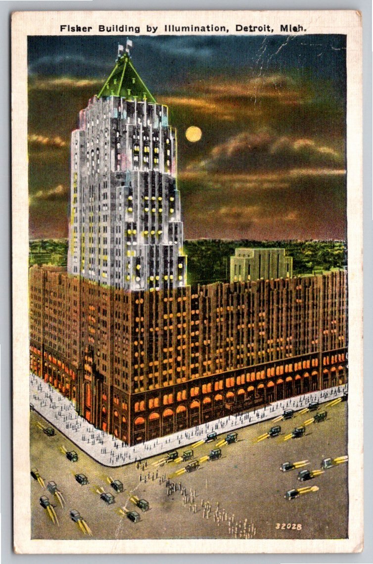 Vintage 1937 Fisher Building Detroit Night Illumination Postcard