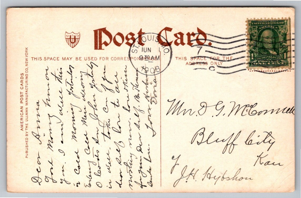 Vintage 1908 St. Louis Forest Park Fountain Color Postcard - Back / Reverse View