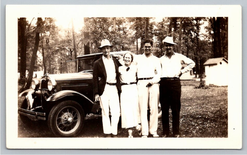 Vintage 1930 Model A Ford Group Portrait Black & White Snapshot