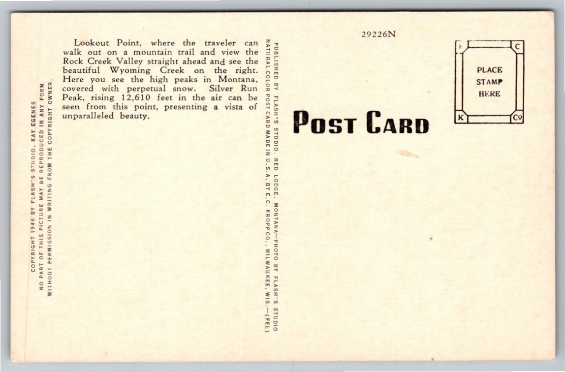 Vintage 1946 Beartooth Highway Lookout Point Montana Postcard - Back / Reverse View