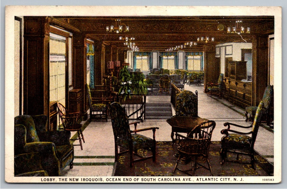 1920s Atlantic City Hotel Iroquois Interior Lobby Postcard