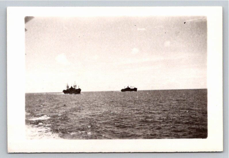 Vintage 1940s WWII Navy Supply Ships at Sea Horizon B&W Snapshot