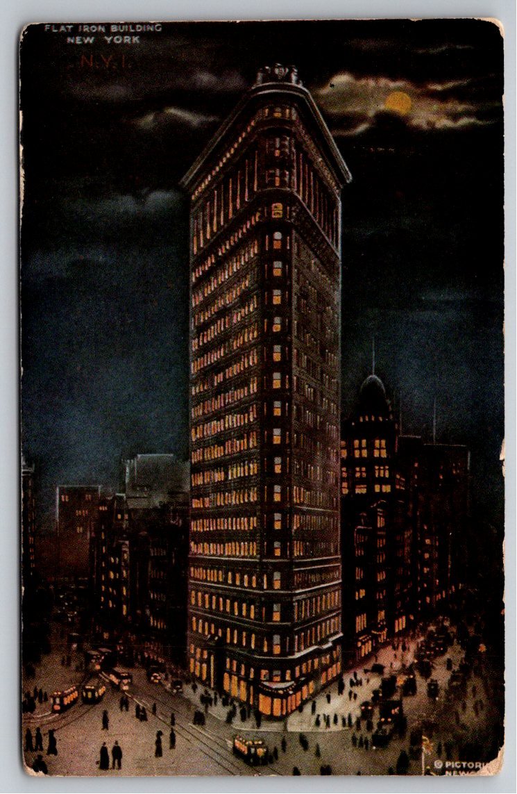 Vintage Flatiron Building New York City Night View Postcard Art