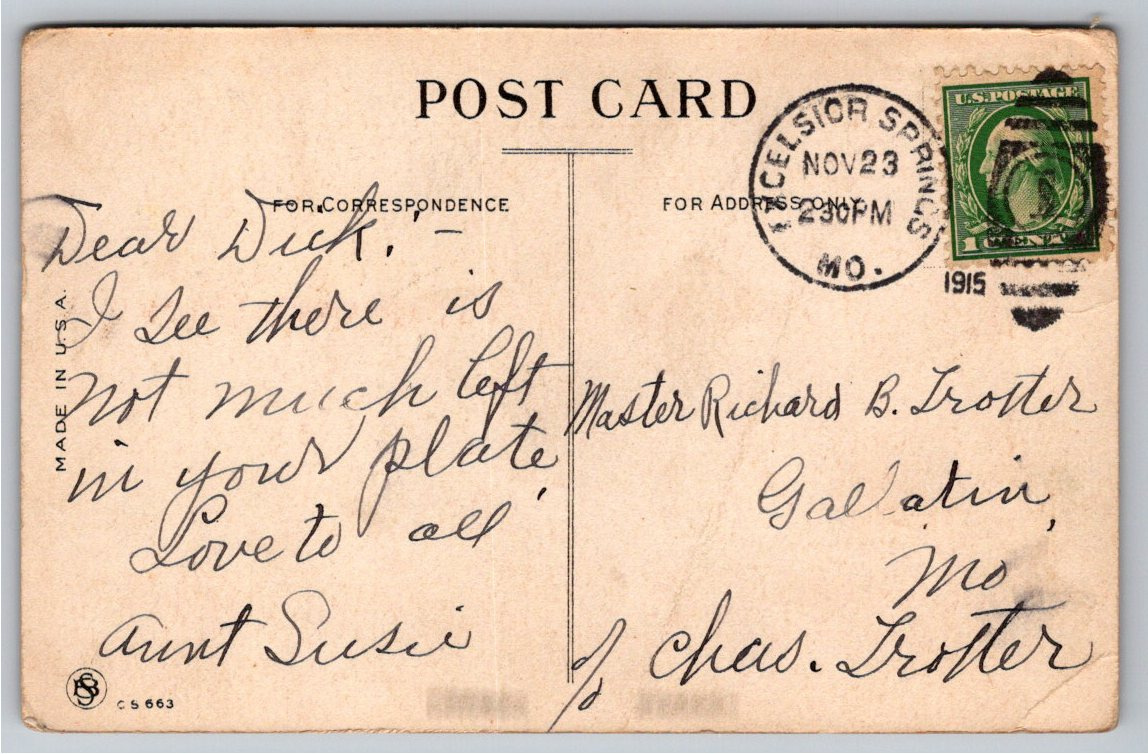 1915 Thanksgiving Postcard: Child Eating Turkey, Excelsior - Back / Reverse View