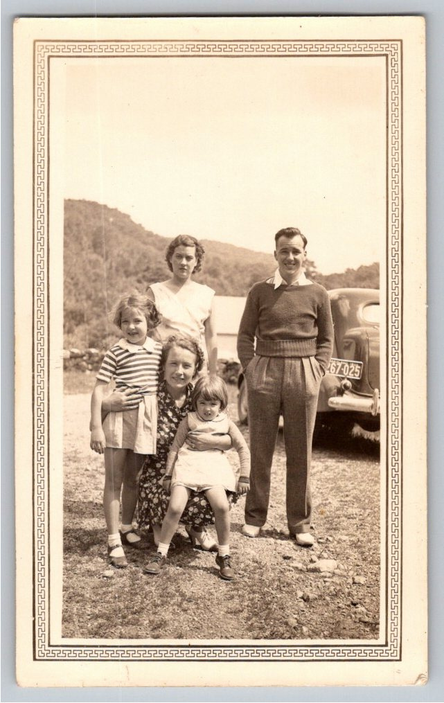 Vintage 1930s Family Portrait Snapshot with Classic Sedan Auto