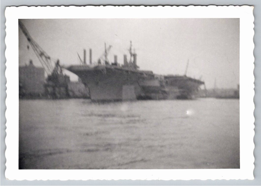 1940s US Navy Aircraft Carrier Warship Harbor Snapshot Photo