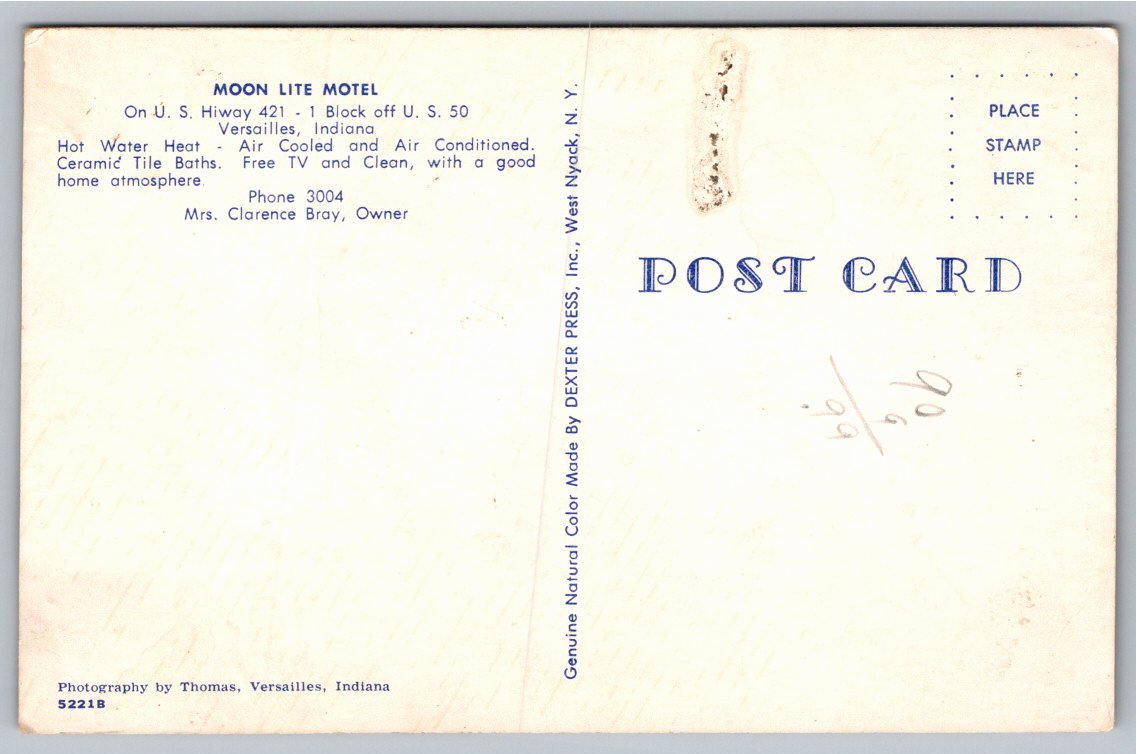 Vintage Moon Lite Motel Postcard | Versailles, Indiana US - Back / Reverse View