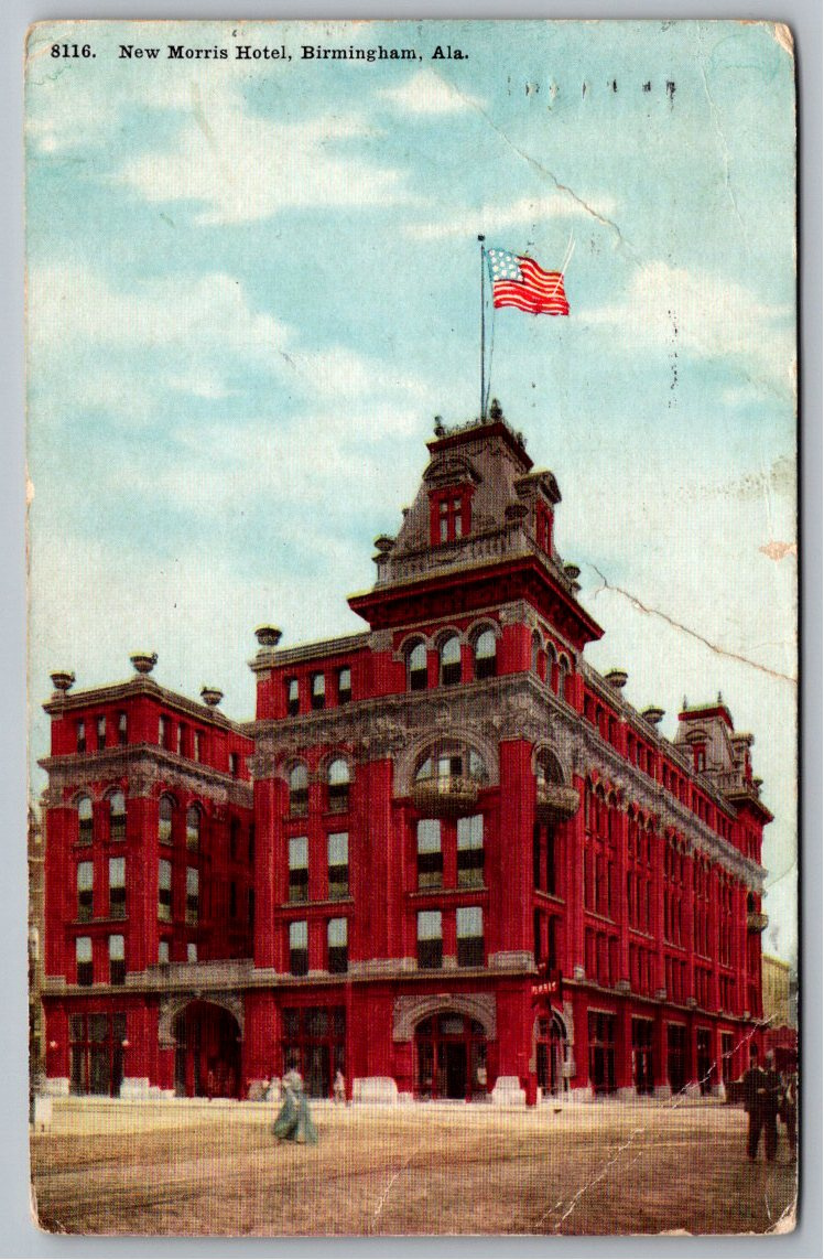 1910 New Morris Hotel Antique Postcard | Birmingham Alabama Flag