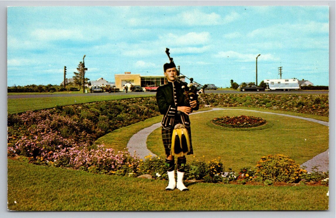 Vintage Nova Scotia Welcome Postcard: Bagpiper & Sunken Gardens