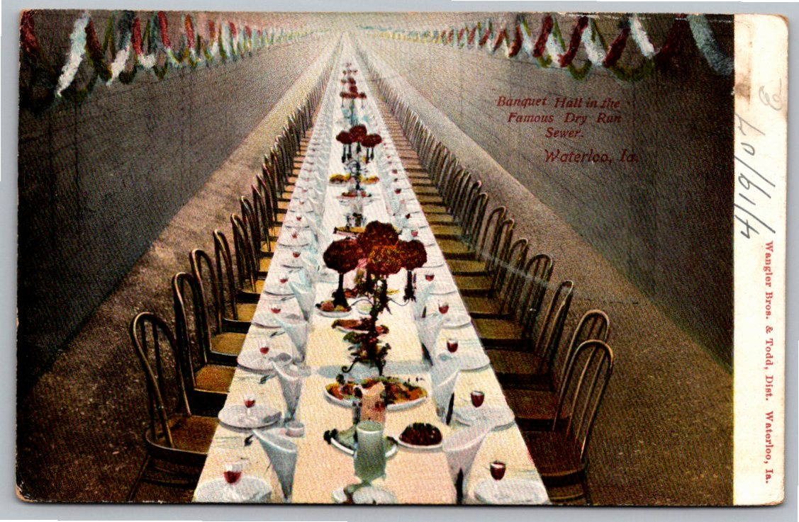 1907 Waterloo Iowa Dry Run Sewer Banquet Hall Vintage Postcard