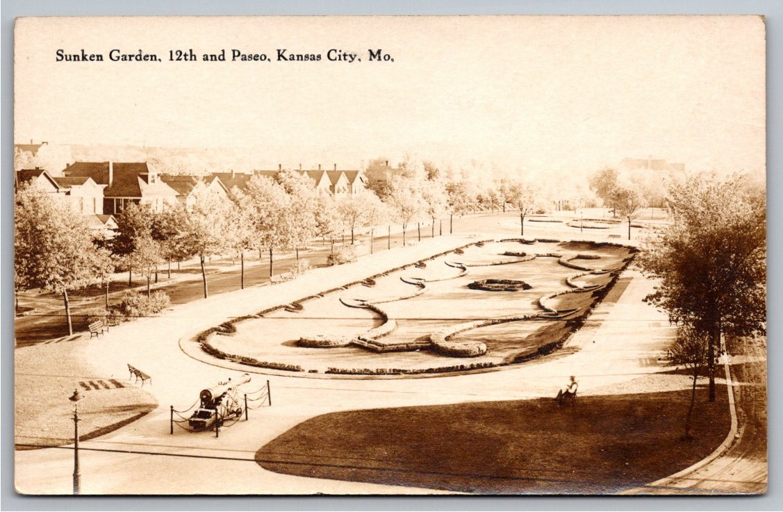 Antique Kansas City RPPC Postcard: Sunken Garden at 12th & Paseo