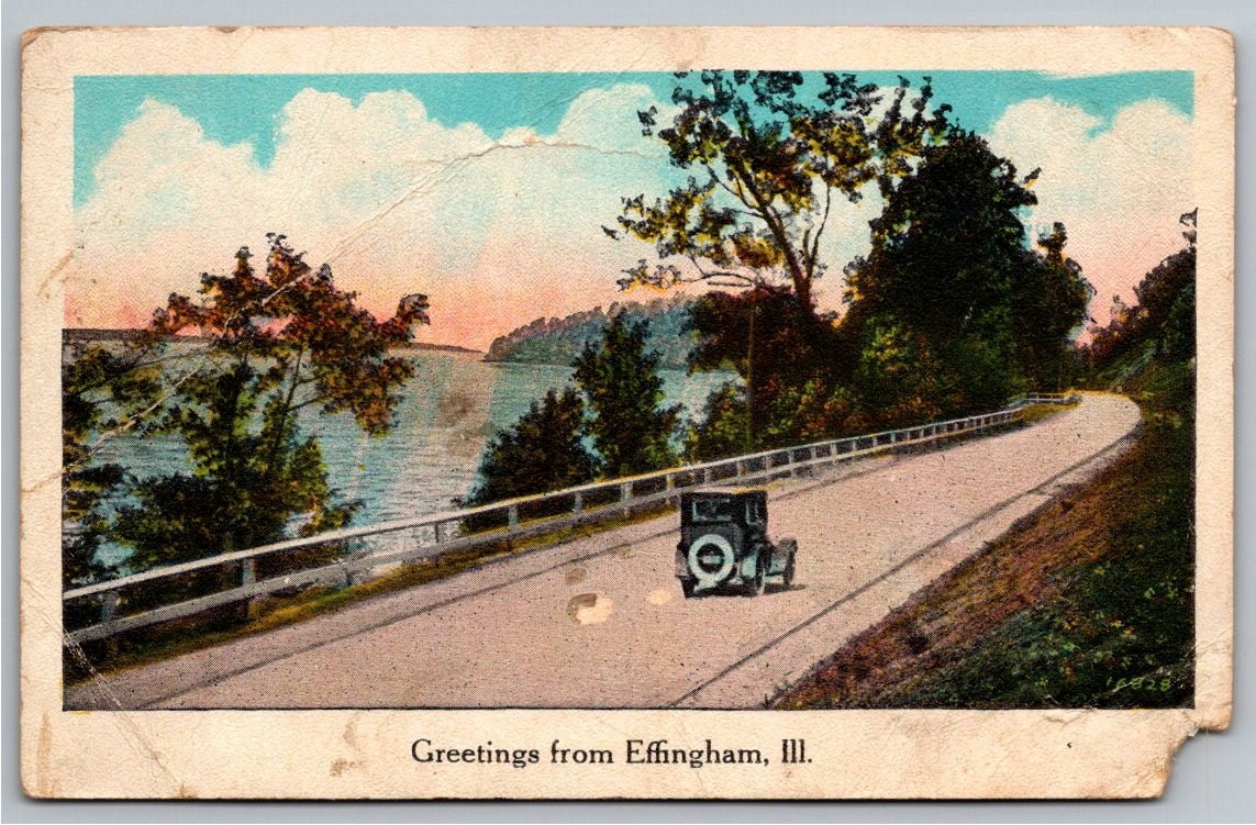 1920s Vintage Postcard: Scenic Highway & Coupe, Effingham, IL
