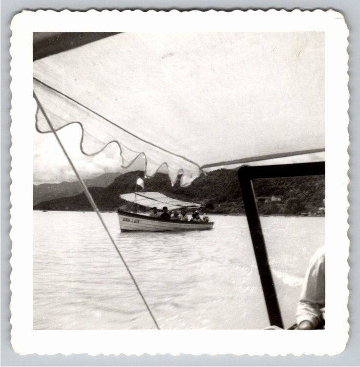 1950s Vintage Canopy Motorboat on Lake San Luis B&W Snapshot