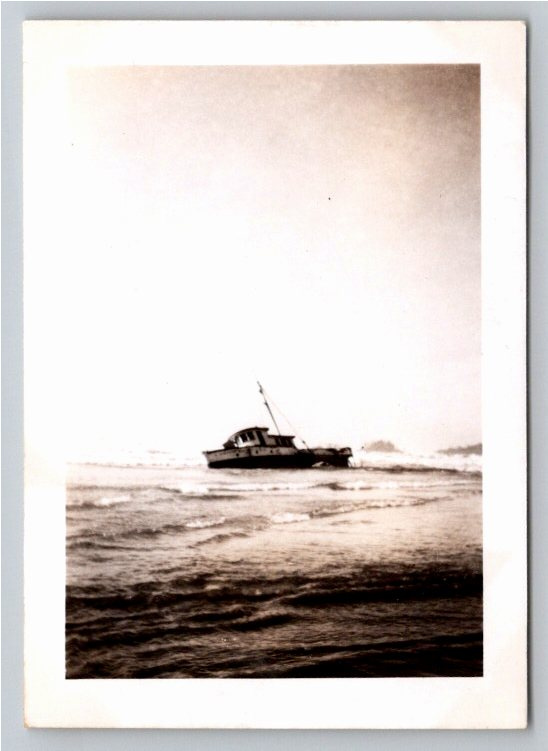 Stranded Fishing Boat Shipwreck: Vintage 1950s Ocean B&W Photo