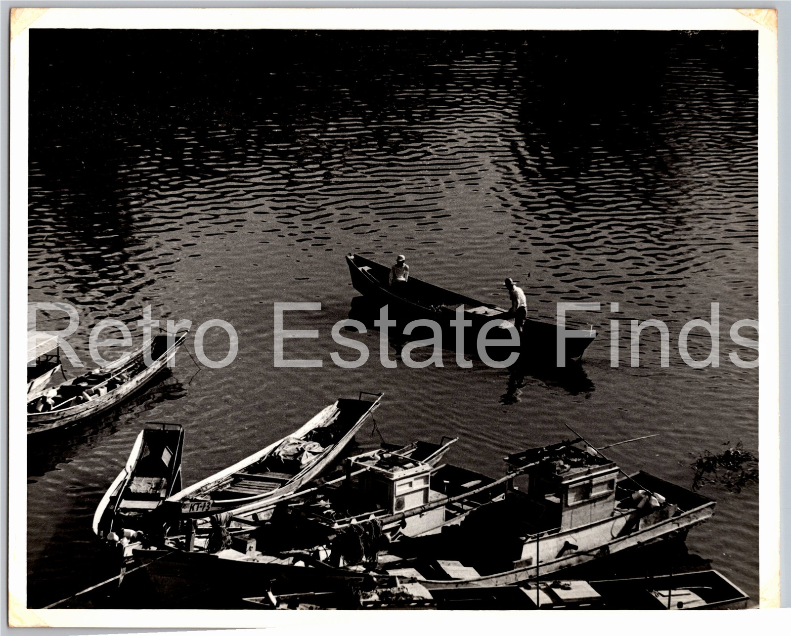Vintage 1960s KC Wharf Wooden Fishing Boats Black & White Print