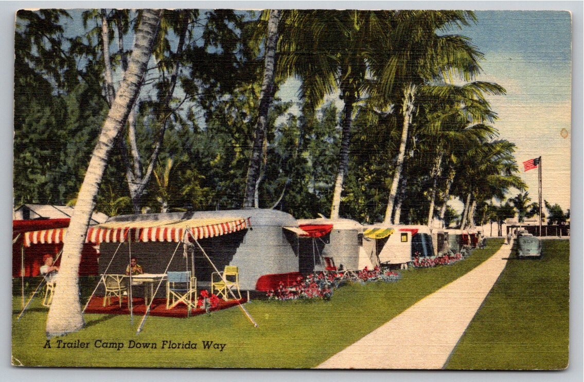 Vintage Florida Trailer Camp Linen Postcard c. 1940s Curt Teich