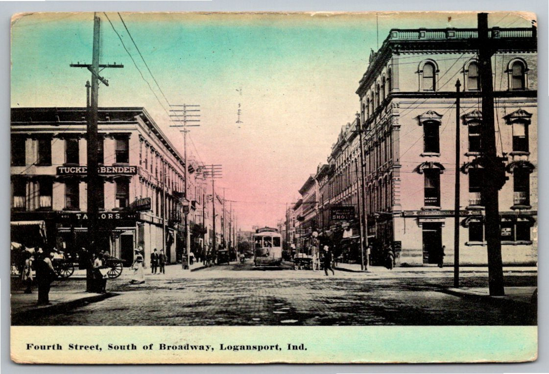 1915 Logansport Indiana Fourth Street Trolley Vintage Postcard