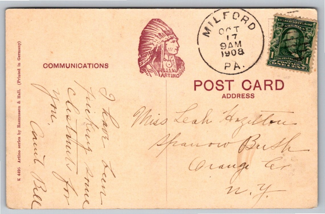 1908 Old Oaken Bucket Dingmans Ferry PA Postcard Milford Cancel - Back / Reverse View