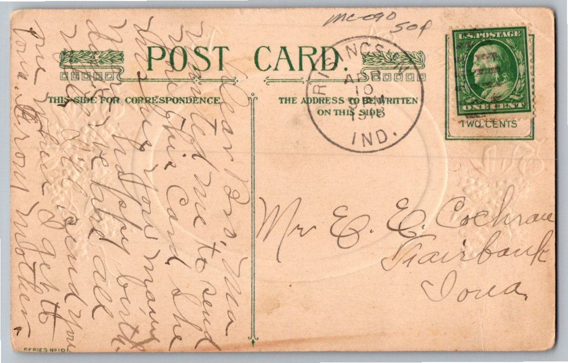 Vintage 1913 Pastoral Birthday Postcard: Shepherd, Sheep & Lilacs - Back / Reverse View